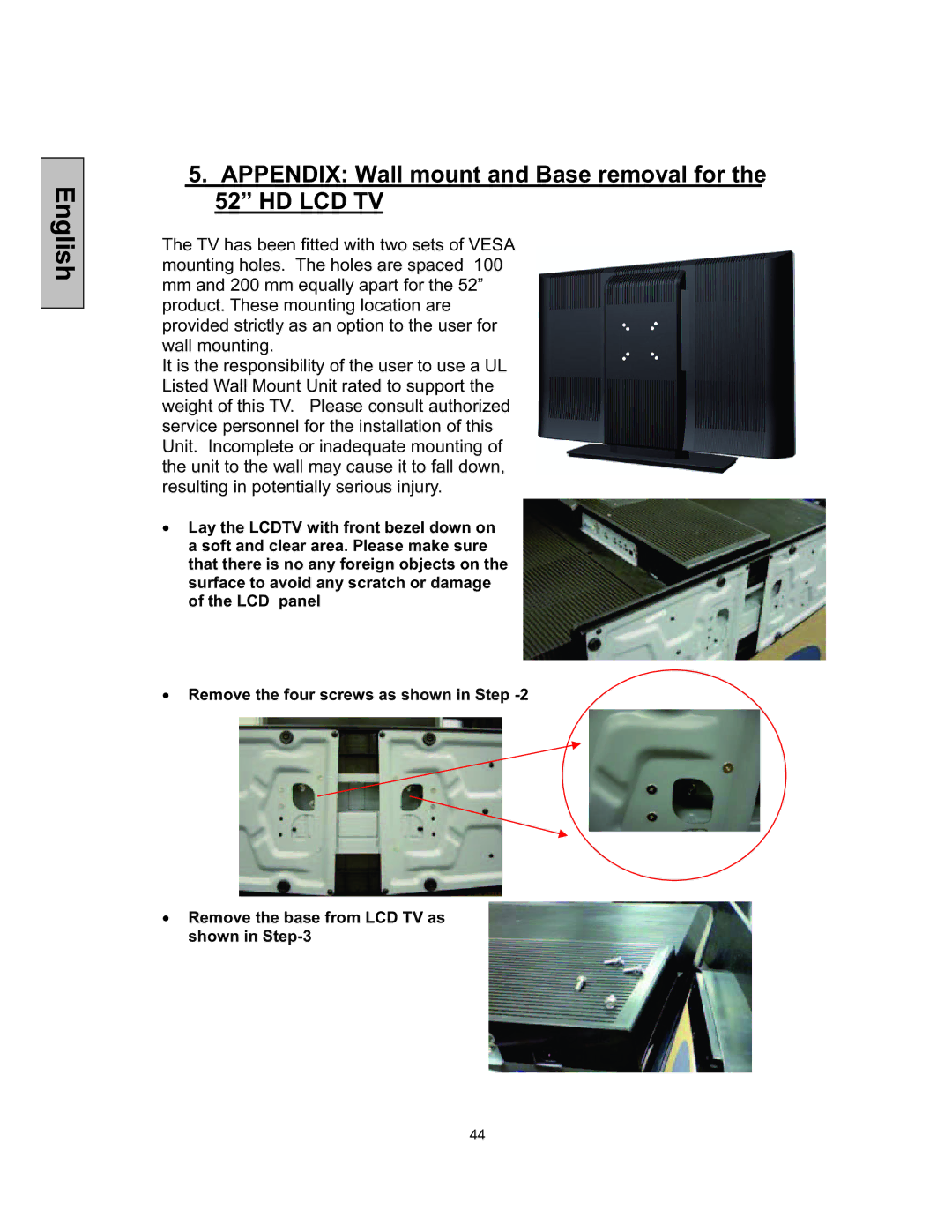 Westinghouse TX-52F480S user manual Appendix Wall mount and Base removal for the 52 HD LCD TV 