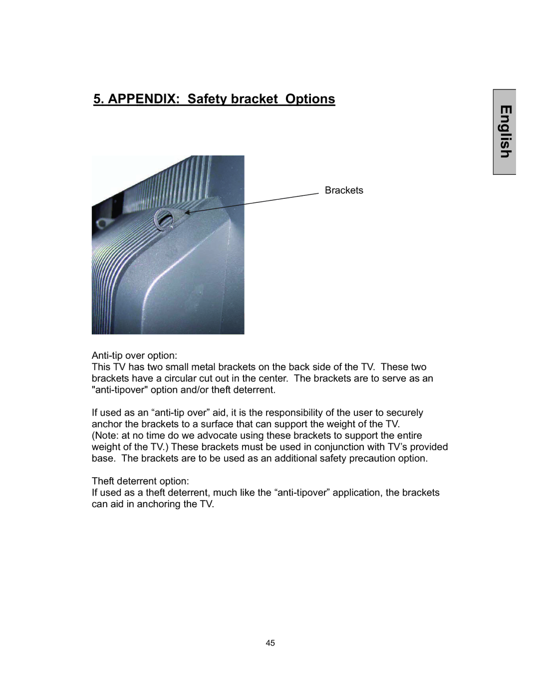 Westinghouse TX-52F480S user manual Appendix Safety bracket Options 