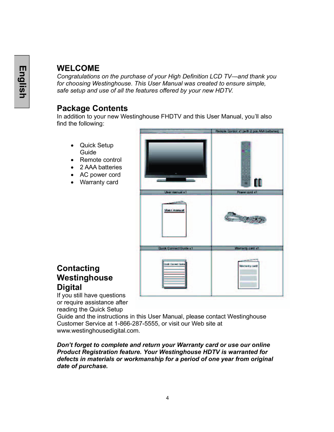 Westinghouse TX-52F480S user manual Welcome, Package Contents, Contacting Westinghouse Digital 