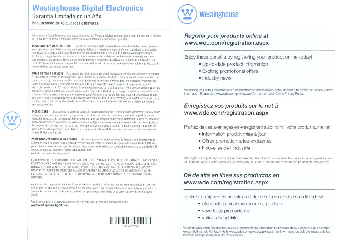 Westinghouse TX-52F480S user manual Westinghouse 