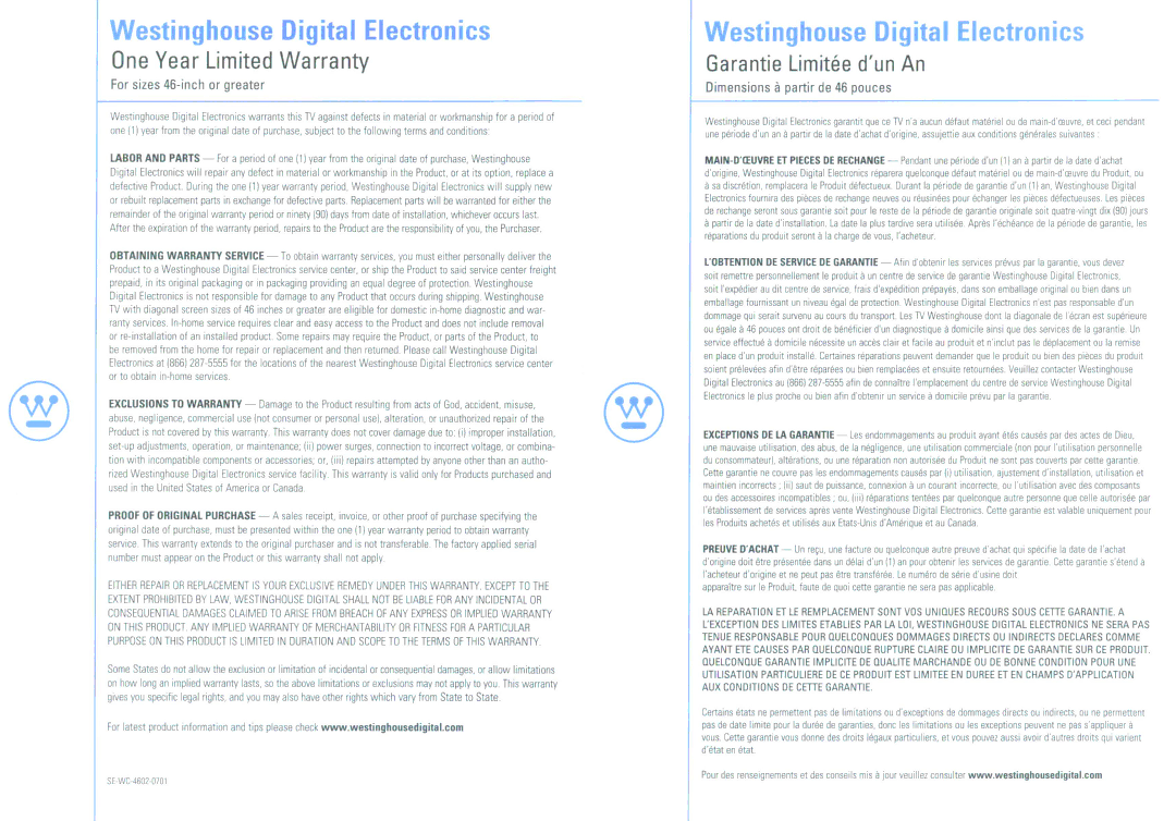 Westinghouse TX-52F480S user manual Westinghouse Digital Electronics 