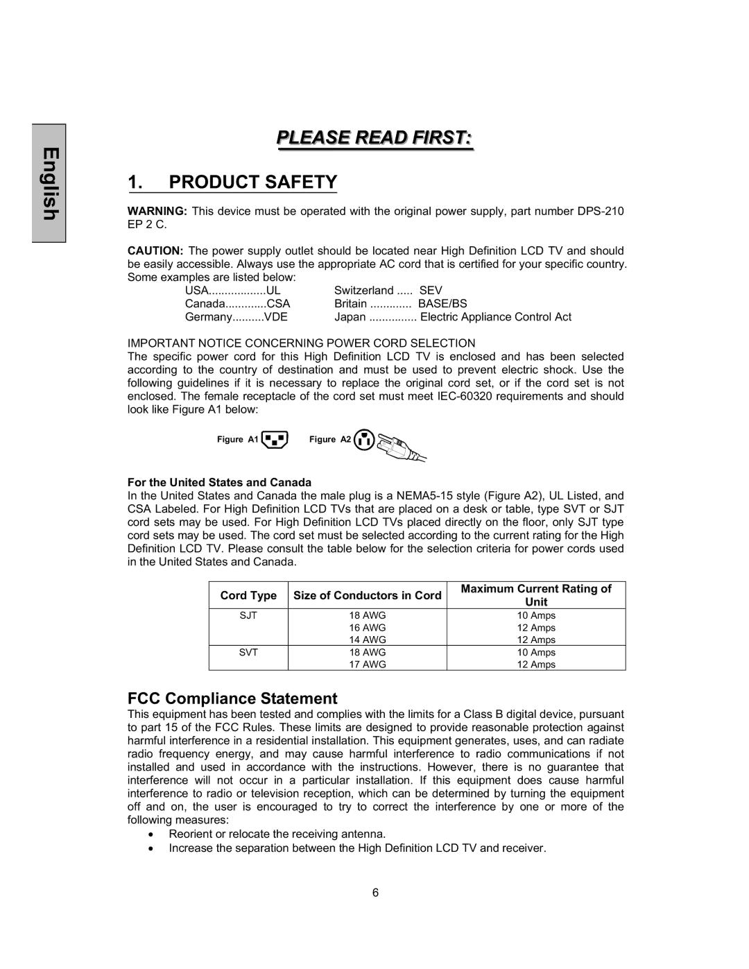 Westinghouse TX-52F480S user manual Product Safety, FCC Compliance Statement 