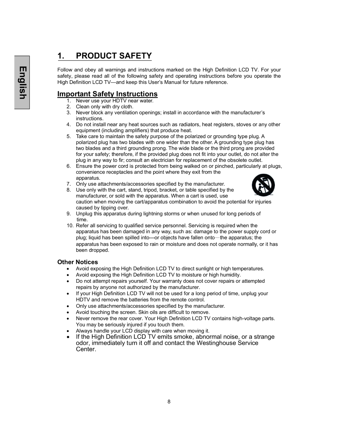 Westinghouse TX-52F480S user manual Important Safety Instructions, Other Notices 