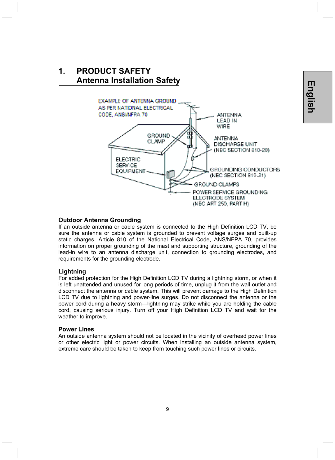 Westinghouse TX-52H480S Product Safety Antenna Installation Safety, Outdoor Antenna Grounding, Lightning, Power Lines 