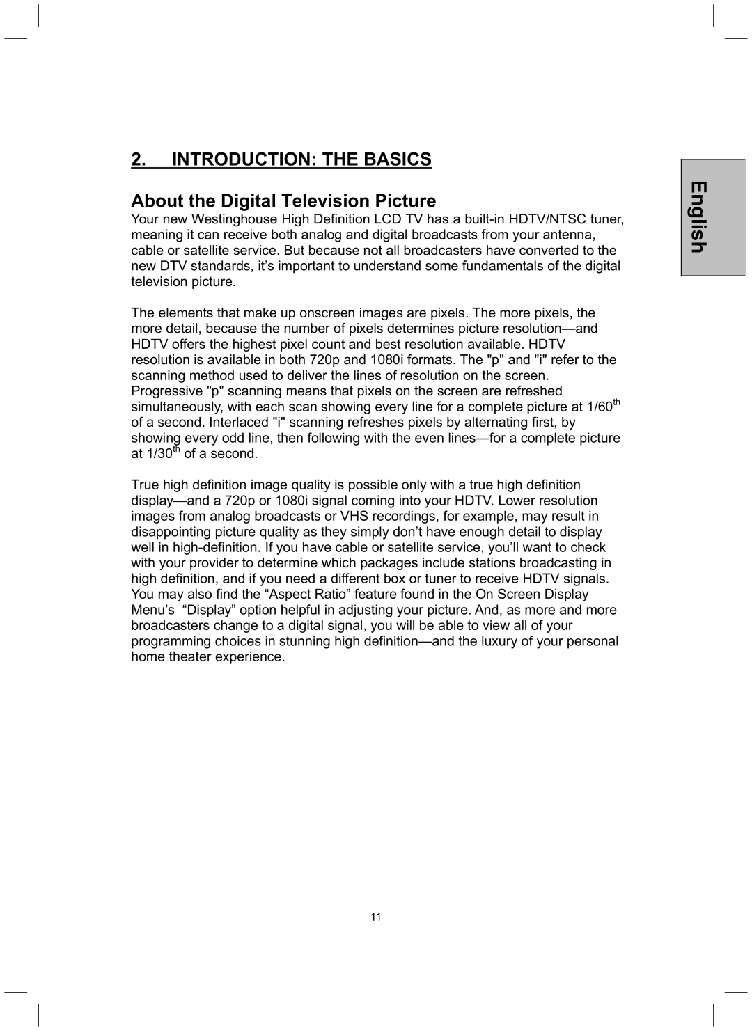 Westinghouse TX-52H480S user manual About the Digital Television Picture 