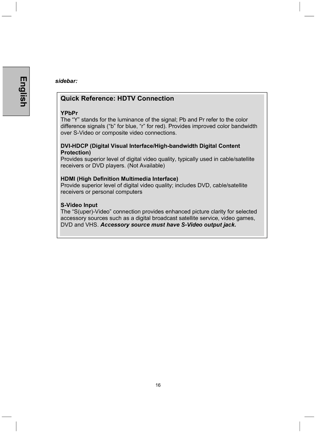 Westinghouse TX-52H480S Quick Reference Hdtv Connection, YPbPr, Hdmi High Definition Multimedia Interface, Video Input 