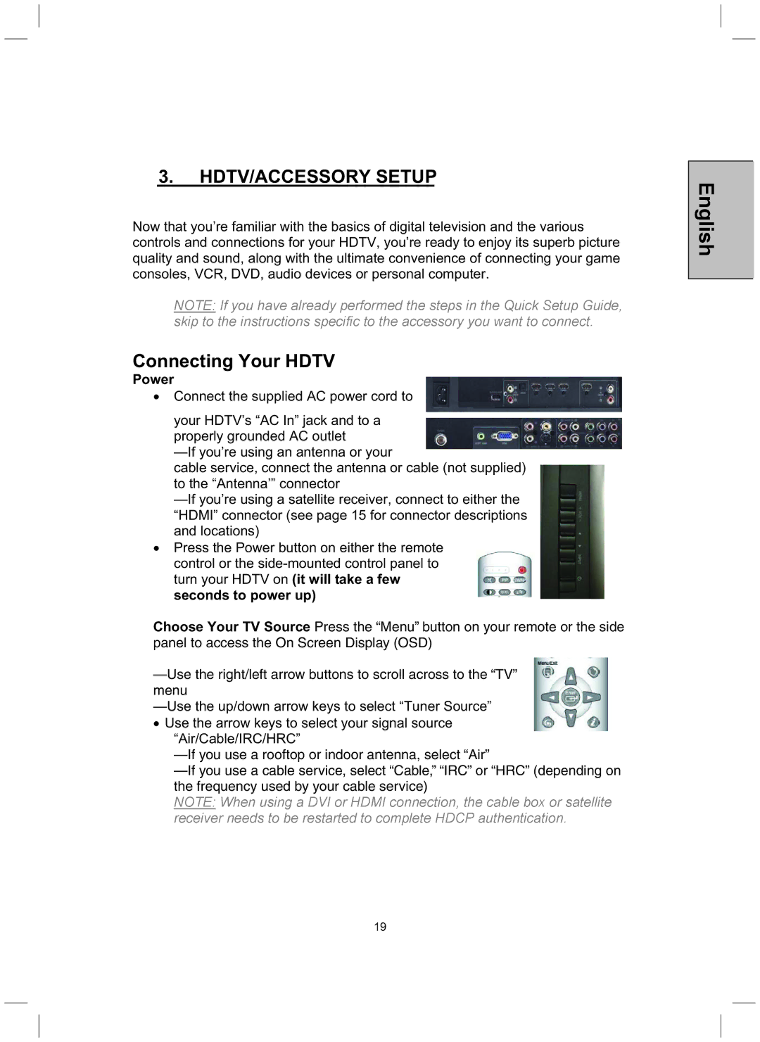 Westinghouse TX-52H480S user manual HDTV/ACCESSORY Setup, Connecting Your Hdtv, Power 