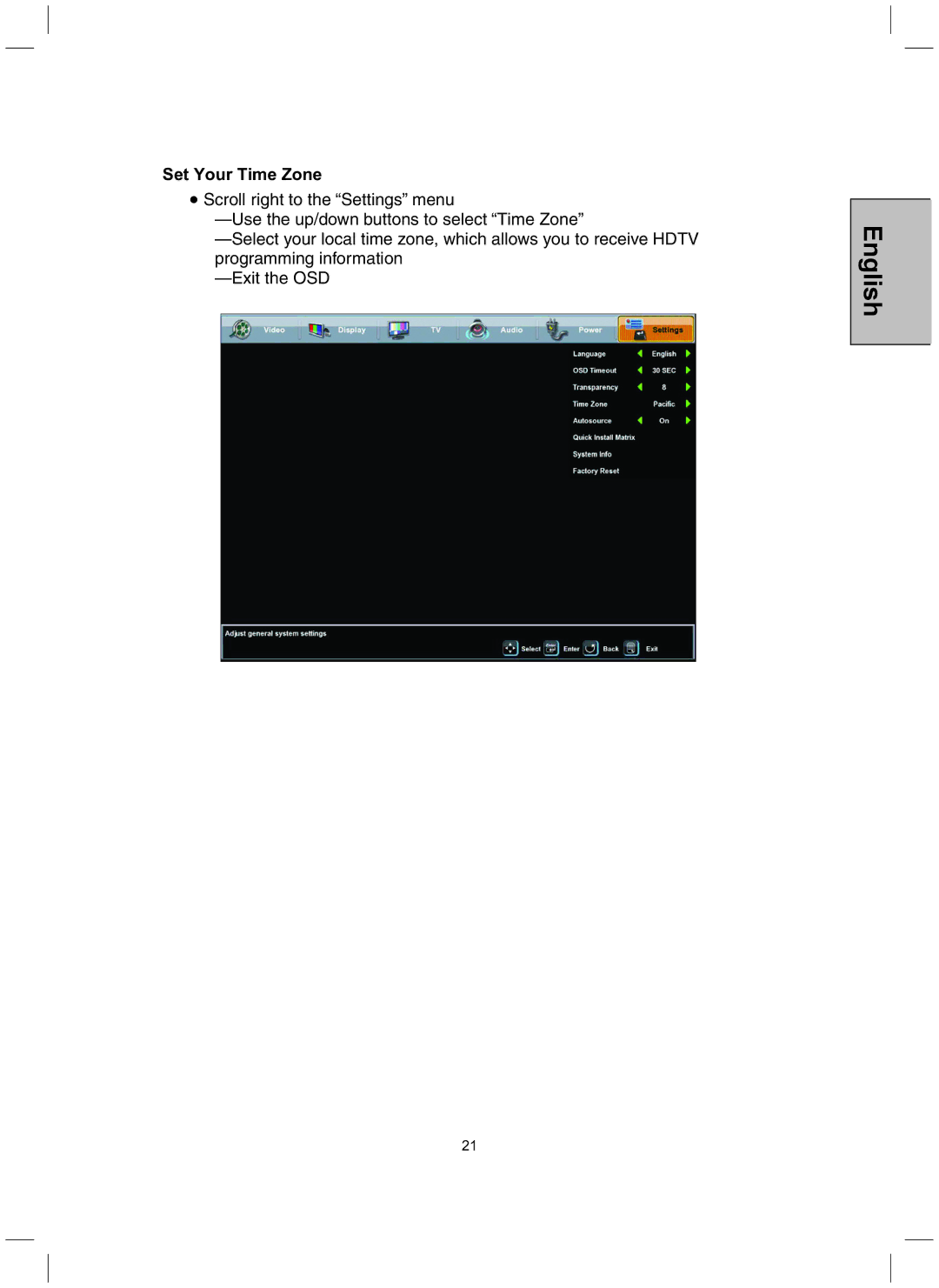 Westinghouse TX-52H480S user manual Set Your Time Zone 