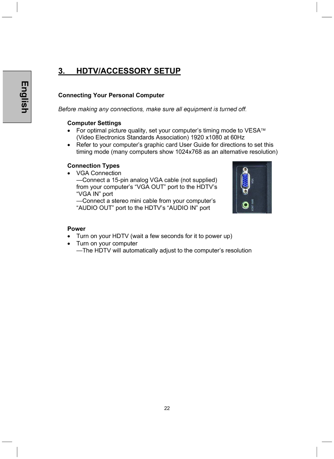 Westinghouse TX-52H480S user manual Connecting Your Personal Computer, Computer Settings, Connection Types 