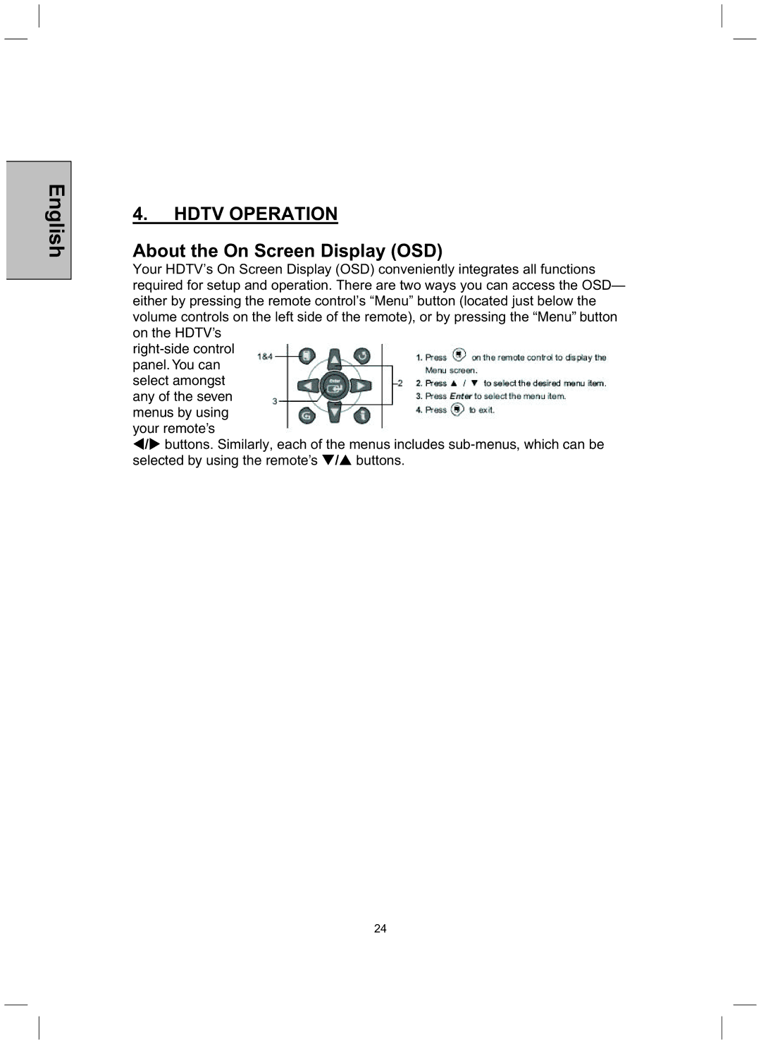 Westinghouse TX-52H480S user manual Hdtv Operation, About the On Screen Display OSD 