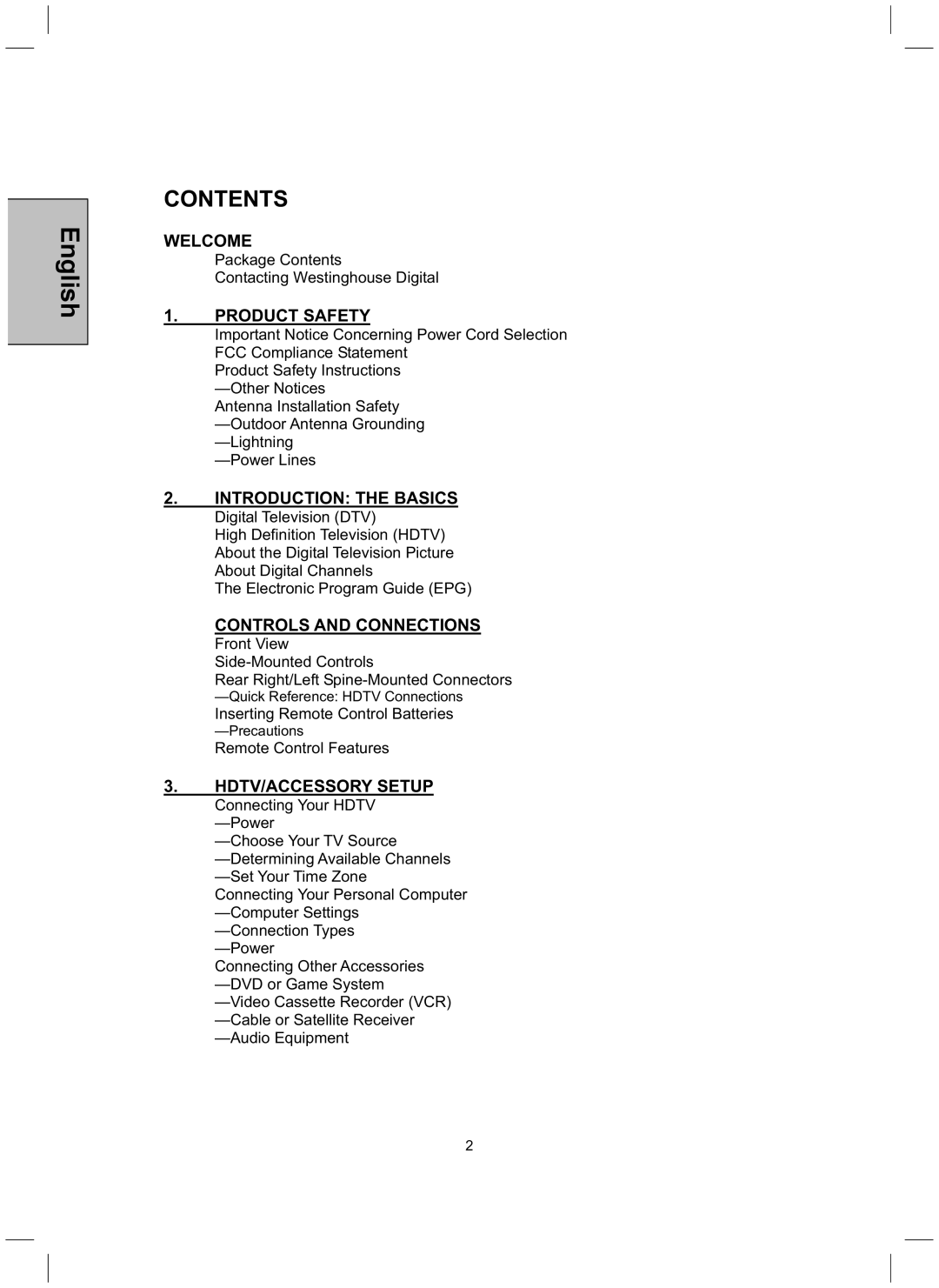 Westinghouse TX-52H480S user manual Contents 