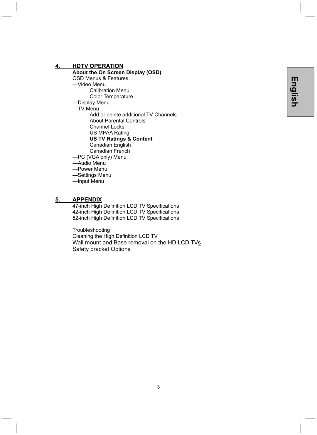 Westinghouse TX-52H480S user manual Hdtv Operation, US TV Ratings & Content Canadian English Canadian French 