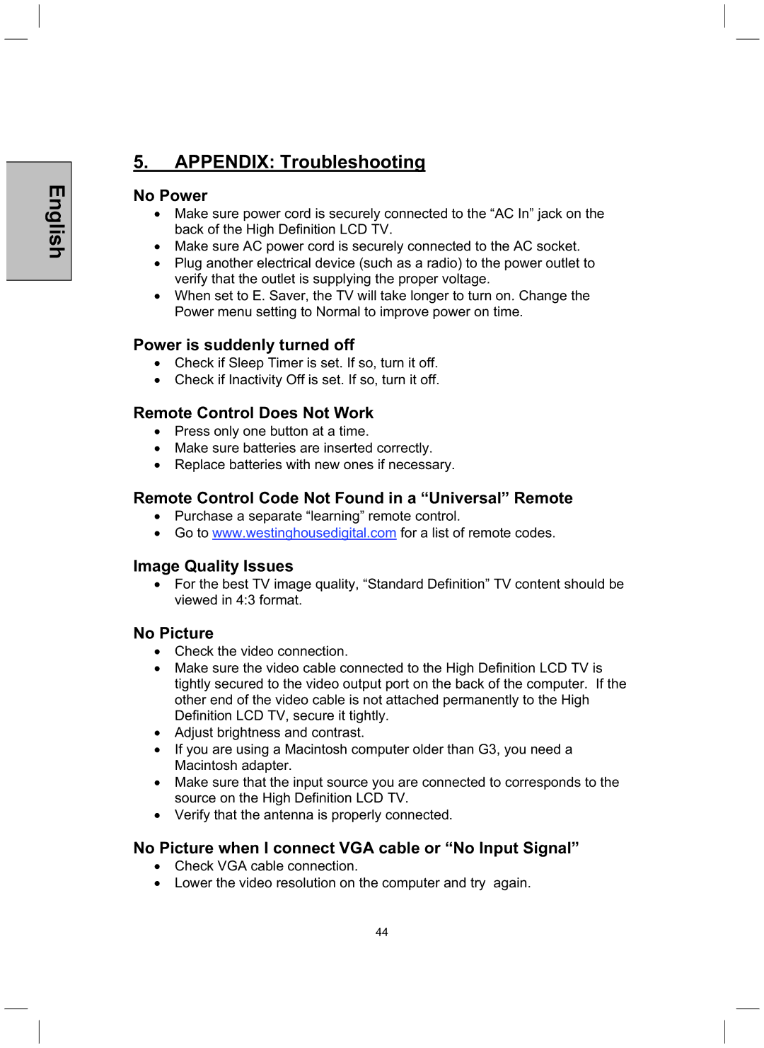 Westinghouse TX-52H480S user manual Appendix Troubleshooting 