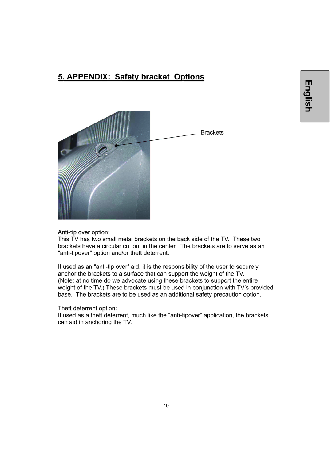 Westinghouse TX-52H480S user manual Appendix Safety bracket Options 