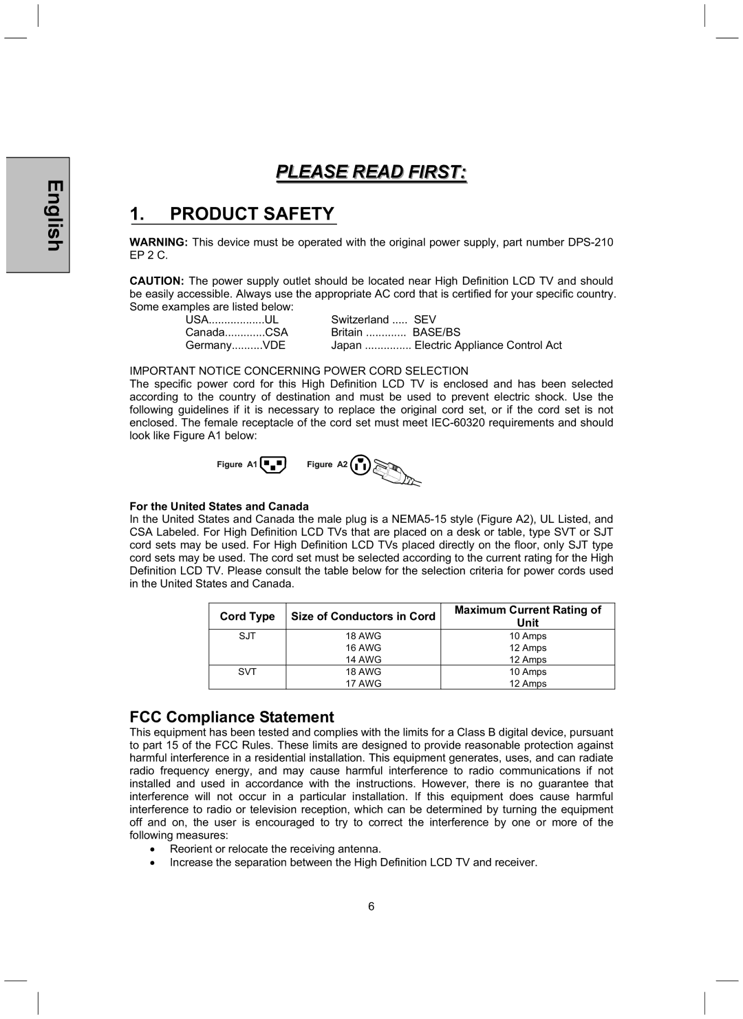 Westinghouse TX-52H480S user manual Product Safety, FCC Compliance Statement 