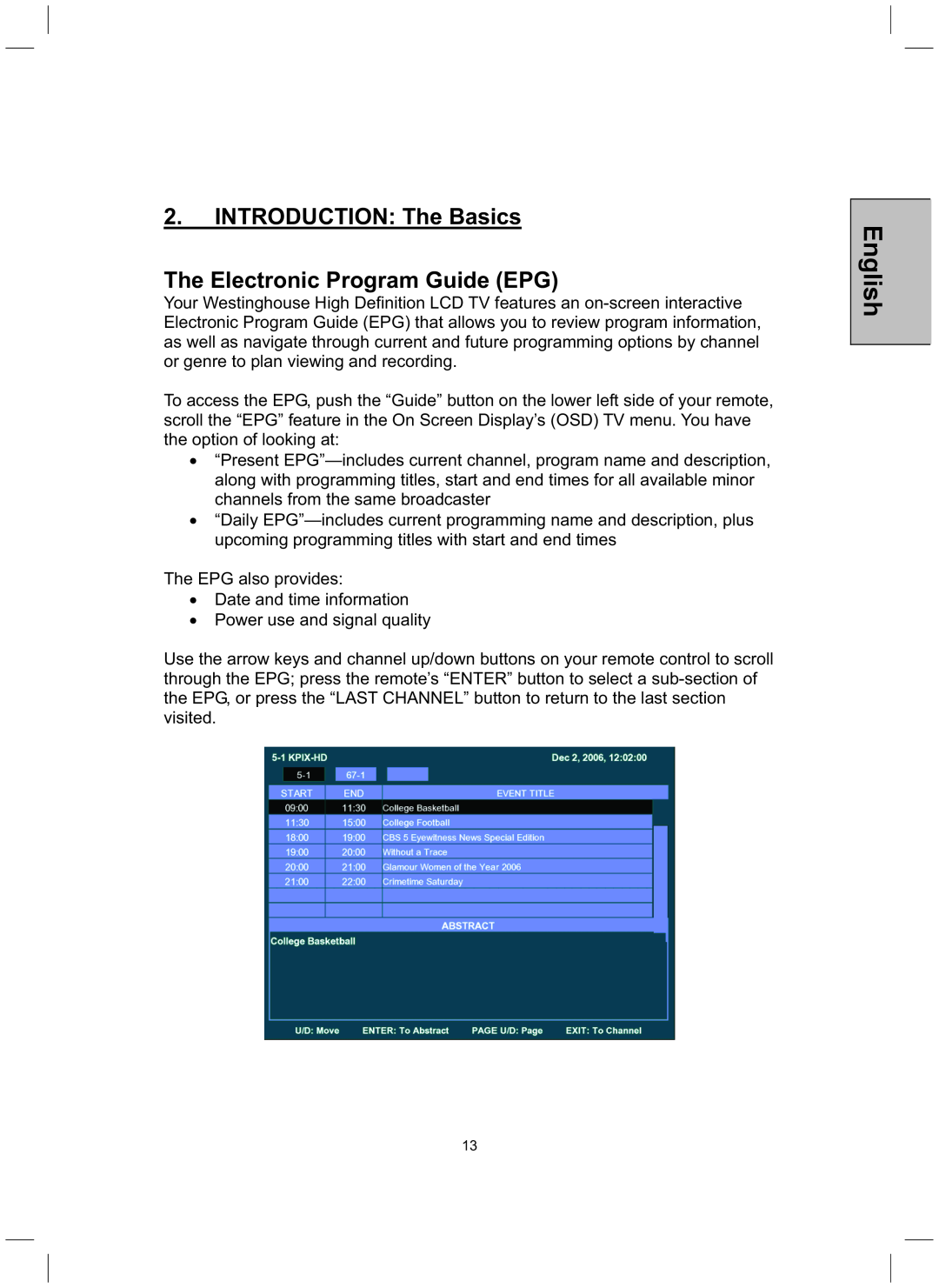 Westinghouse TX-52H480S user manual INTRODUCTION The Basics The Electronic Program Guide EPG, English 