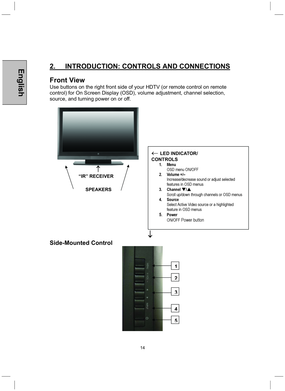 Westinghouse TX-52H480S user manual INTRODUCTION CONTROLS AND CONNECTIONS Front View, Side-Mounted Control, English 