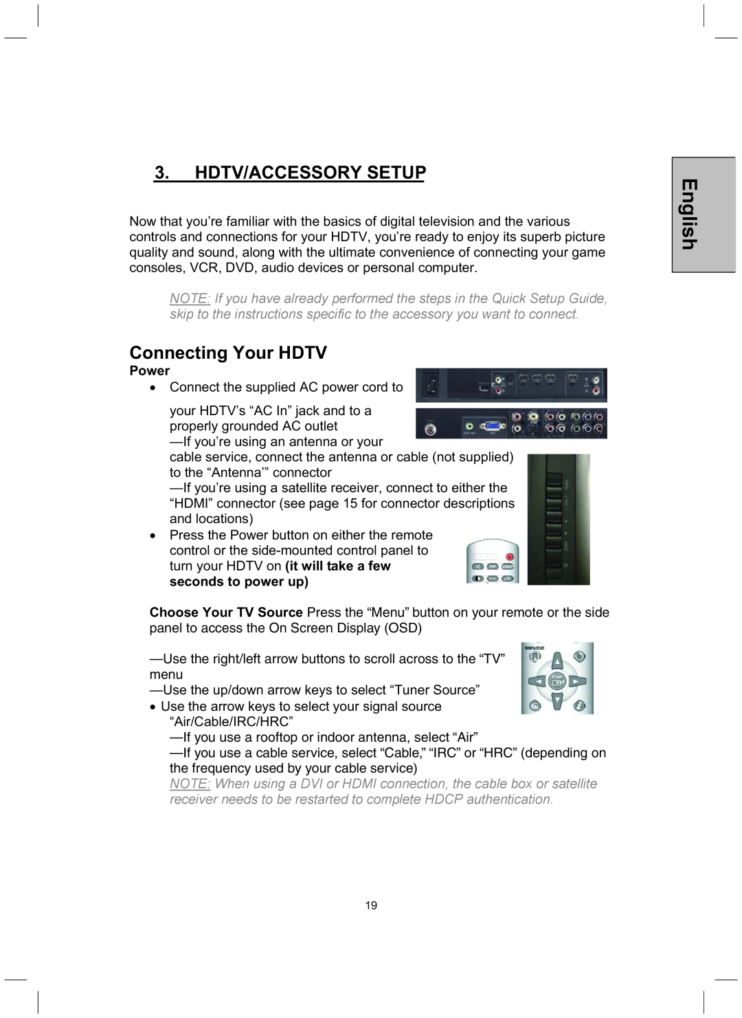 Westinghouse TX-52H480S user manual Hdtv/Accessory Setup, Connecting Your HDTV, Power, English 