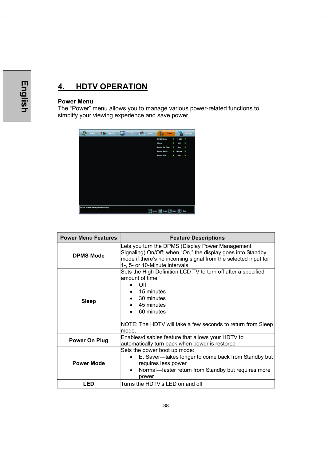 Westinghouse TX-52H480S user manual English, Hdtv Operation, Power Menu Features, Feature Descriptions 