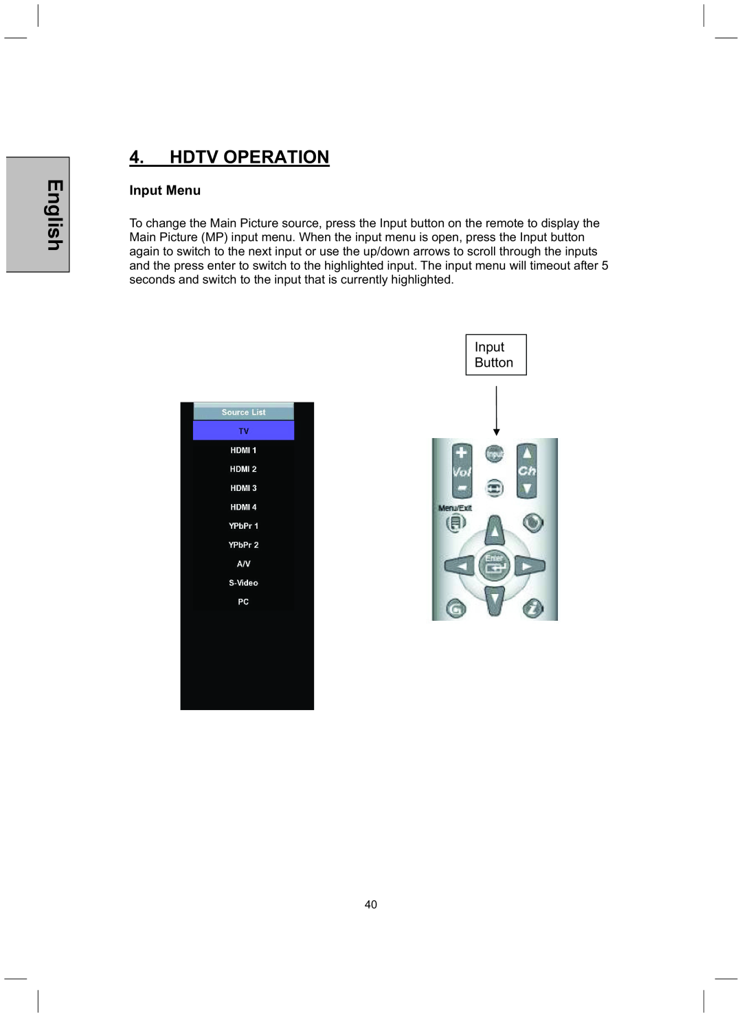 Westinghouse TX-52H480S user manual Input Menu, English, Hdtv Operation, Input Button 