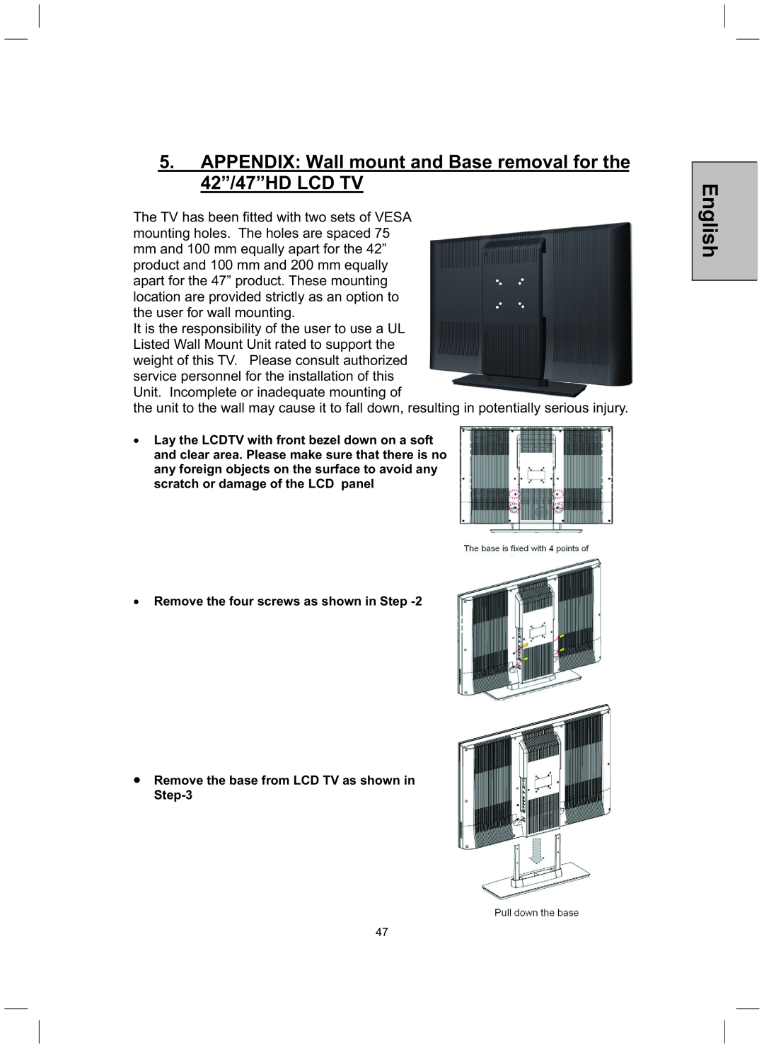 Westinghouse TX-52H480S user manual APPENDIX Wall mount and Base removal for the 42”/47”HD LCD TV, English 