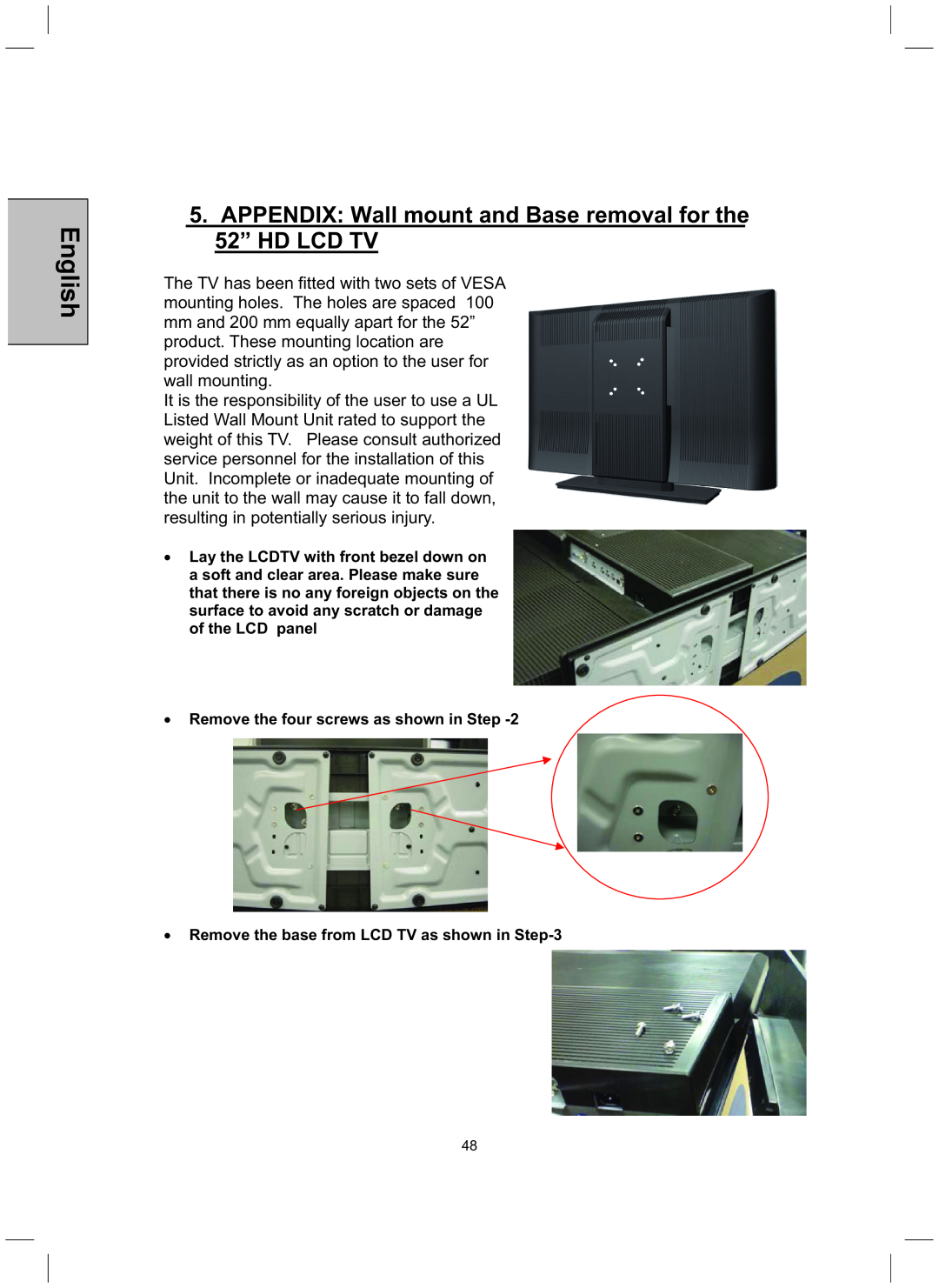 Westinghouse TX-52H480S user manual APPENDIX Wall mount and Base removal for the 52” HD LCD TV, English 