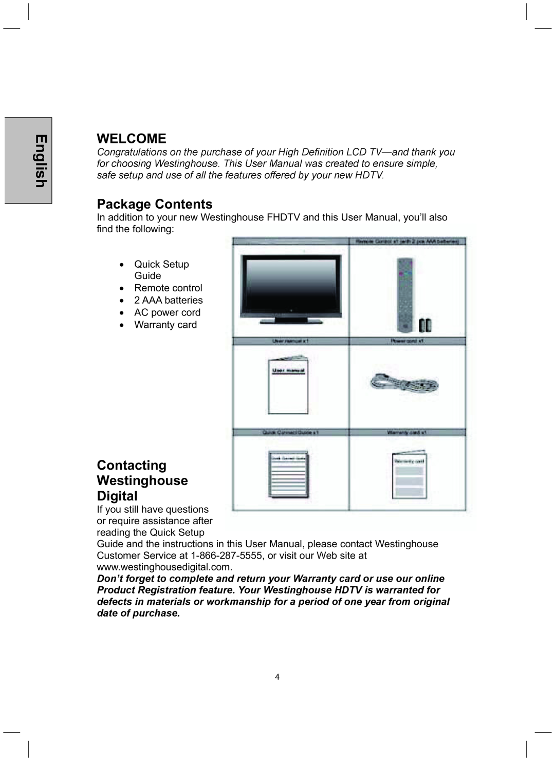 Westinghouse TX-52H480S user manual Welcome, Package Contents, Contacting Westinghouse Digital, English 