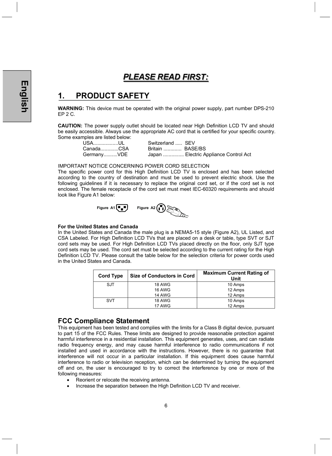 Westinghouse TX-52H480S user manual Product Safety, FCC Compliance Statement, English, Please Read First 