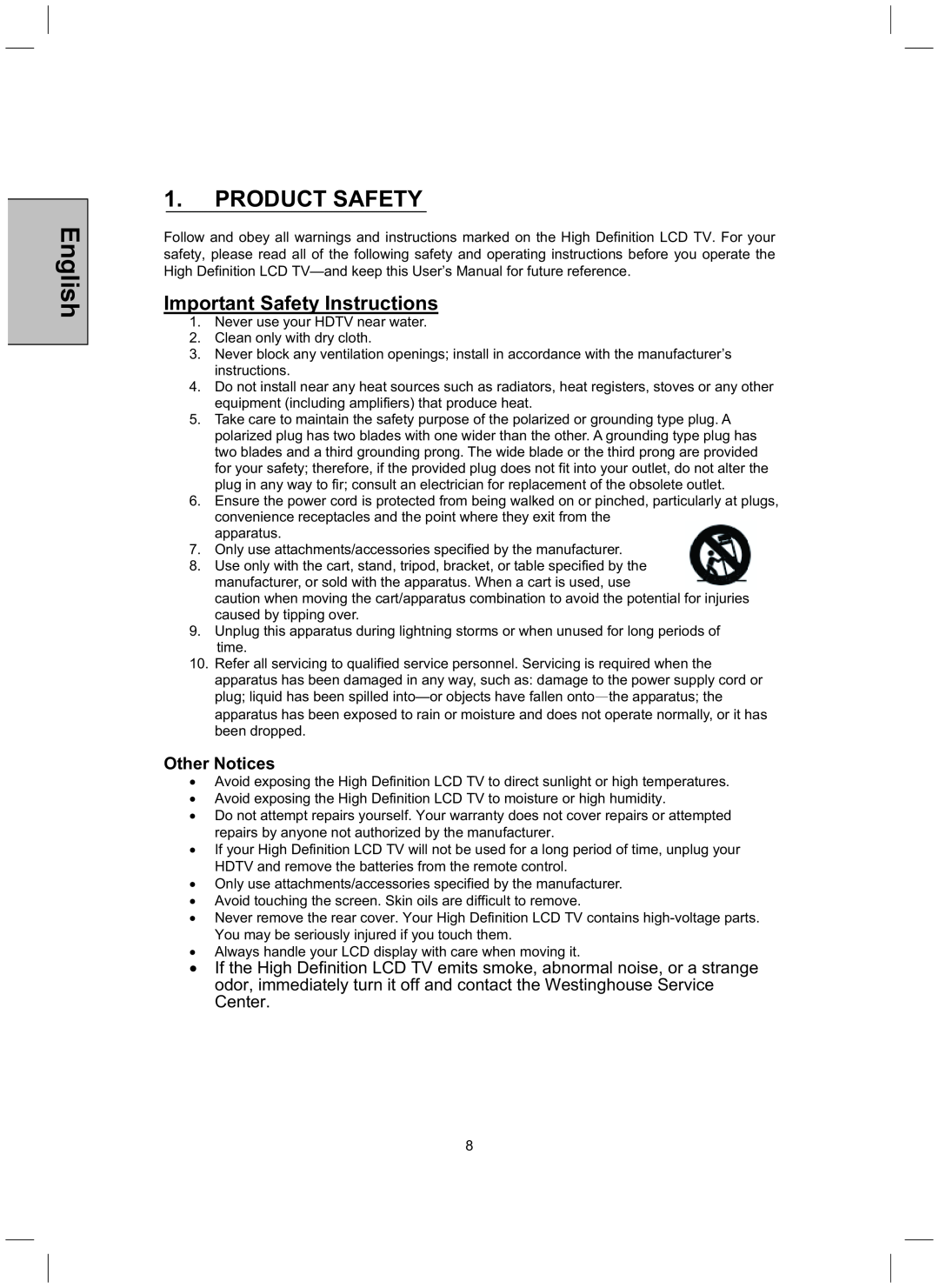 Westinghouse TX-52H480S user manual Important Safety Instructions, Other Notices, English, Product Safety 