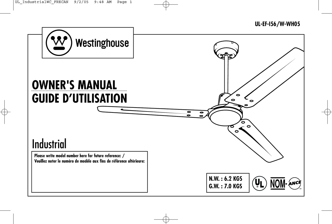 Westinghouse W-WH05, UL-EF-I56 owner manual Guide D’UTILISATION 