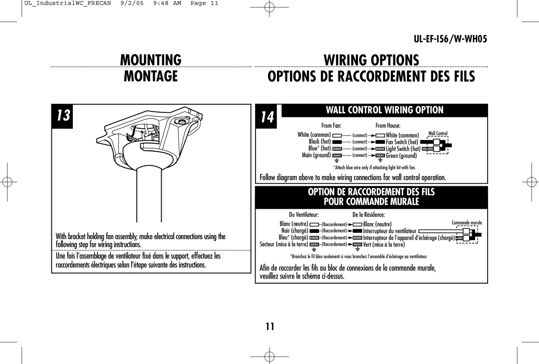 Westinghouse W-WH05, UL-EF-I56 owner manual Wiring Options, Options DE Raccordement DES Fils 