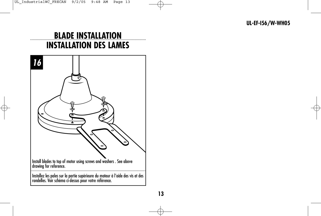 Westinghouse W-WH05, UL-EF-I56 owner manual Blade Installation Installation DES Lames 