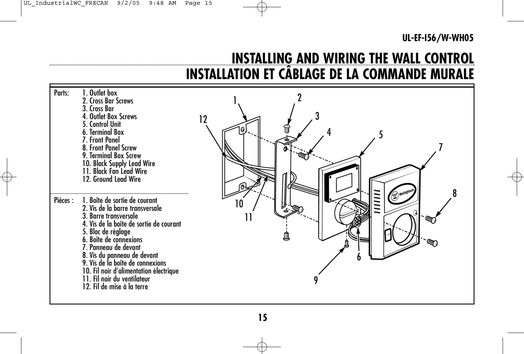 Westinghouse W-WH05, UL-EF-I56 owner manual Installing and Wiring the Wall Control 