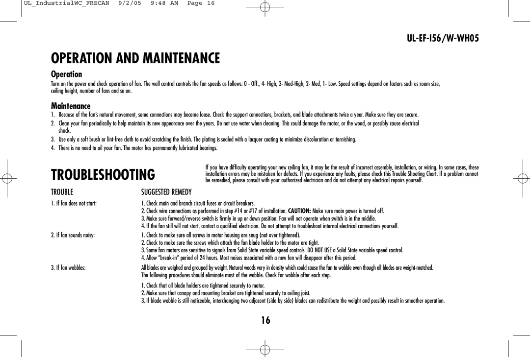 Westinghouse UL-EF-I56, W-WH05 owner manual Operation and Maintenance, Troubleshooting 