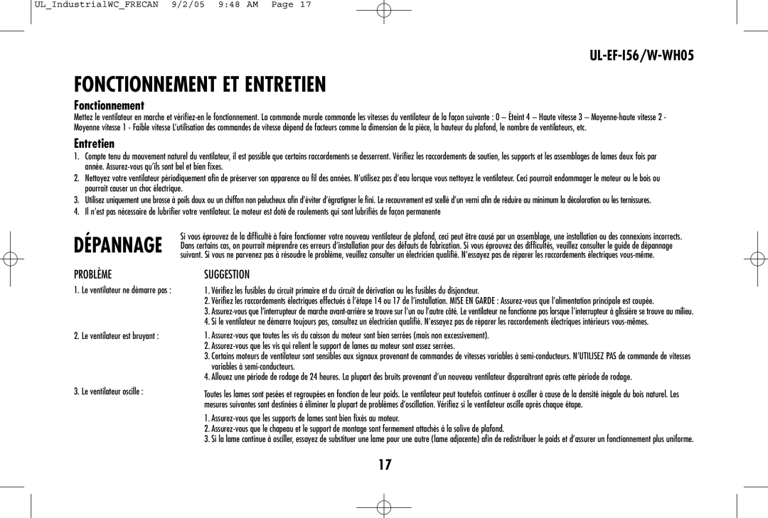 Westinghouse W-WH05, UL-EF-I56 owner manual Fonctionnement ET Entretien 