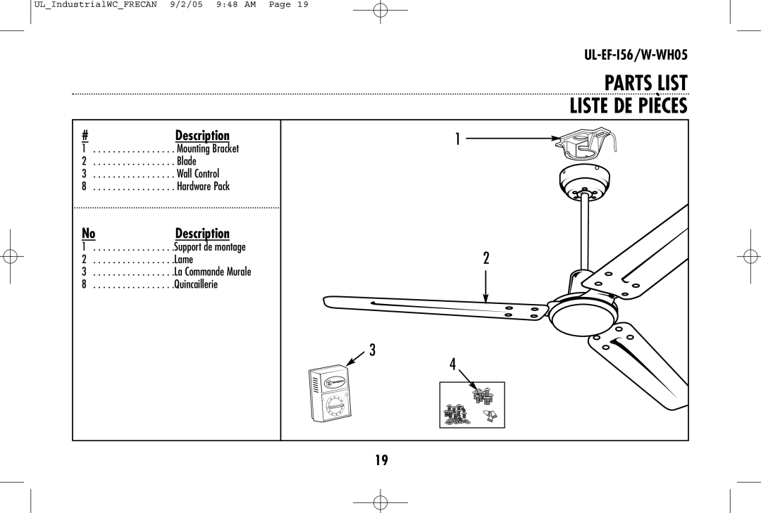 Westinghouse W-WH05, UL-EF-I56 owner manual Parts List Liste DE Pièces, NoDescription 