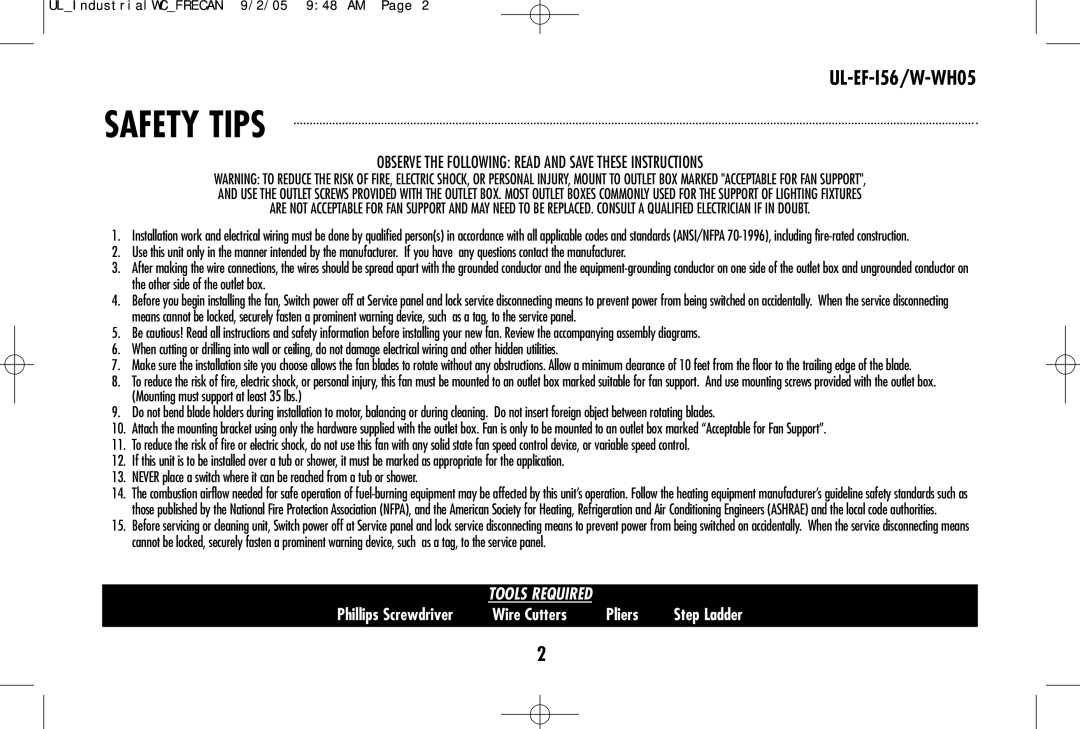 Westinghouse UL-EF-I56, W-WH05 owner manual Safety Tips 