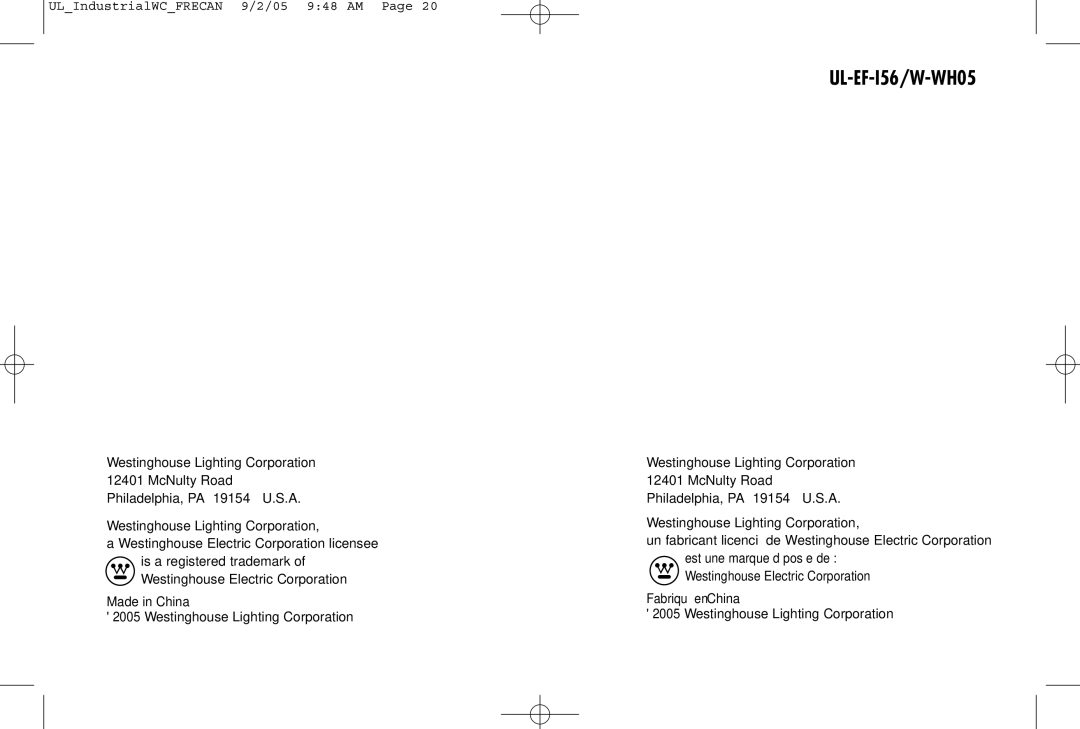 Westinghouse owner manual UL-EF-I56/W-WH05 