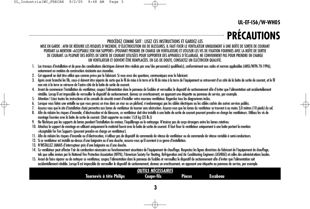 Westinghouse W-WH05, UL-EF-I56 owner manual Précautions 