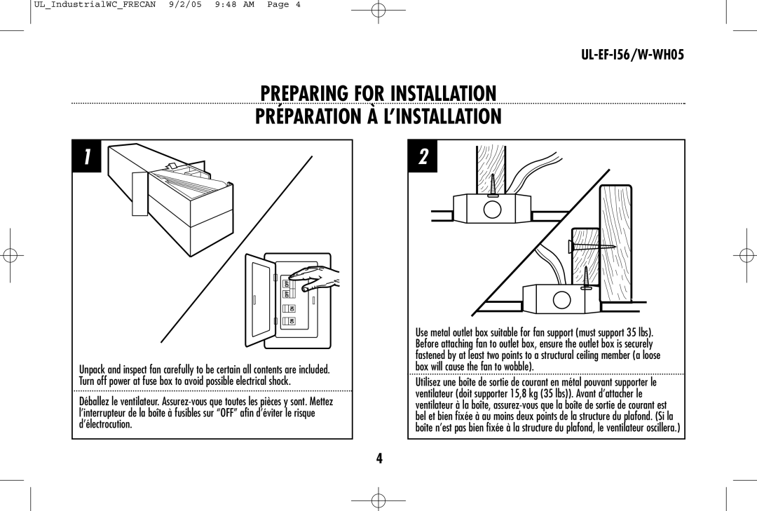 Westinghouse UL-EF-I56, W-WH05 owner manual Preparing for Installation Préparation À L’INSTALLATION 