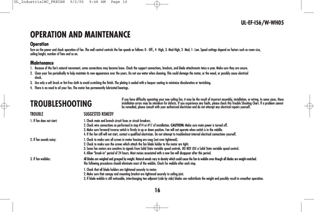 Westinghouse owner manual Operation And Maintenance, Troubleshooting, UL-EF-I56/W-WH05 