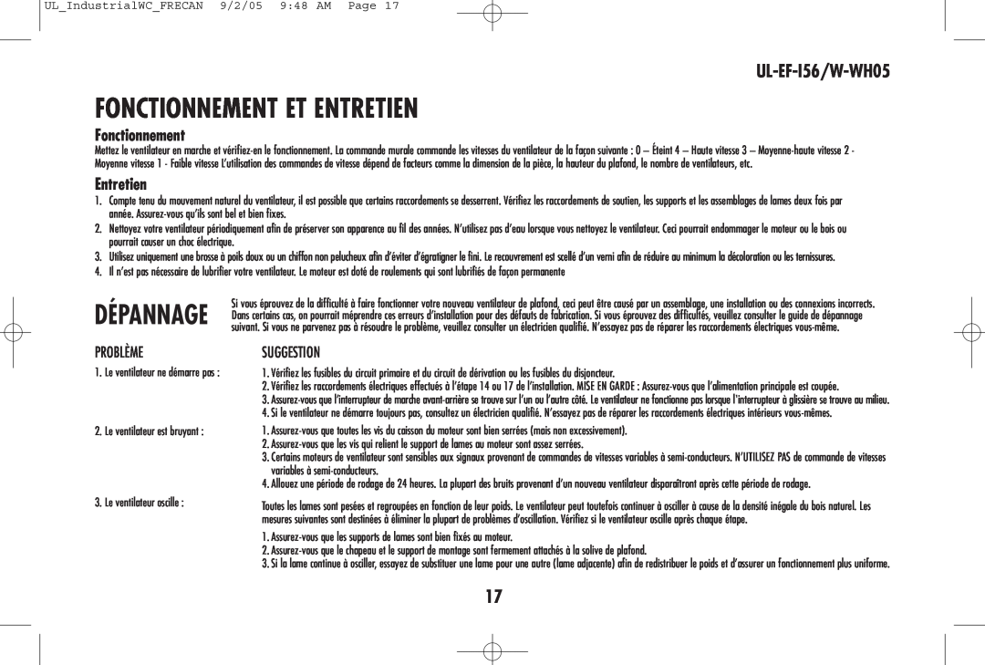 Westinghouse owner manual Fonctionnement Et Entretien, Dépannage, UL-EF-I56/W-WH05 