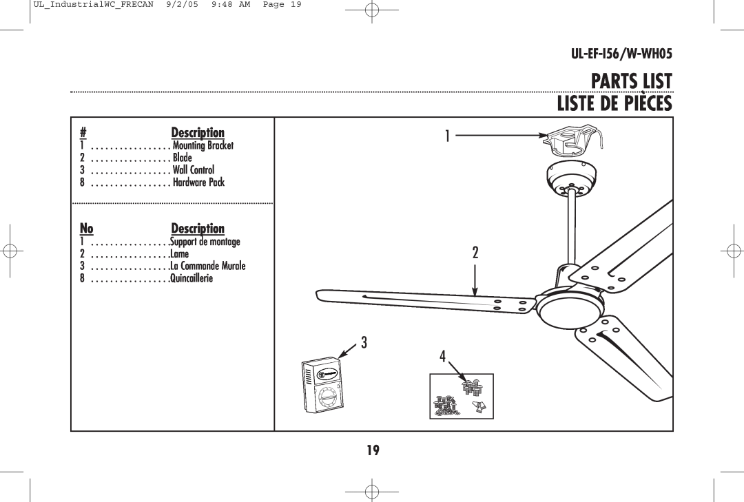 Westinghouse owner manual Parts List Liste De Pièces, #Description, NoDescription, UL-EF-I56/W-WH05 