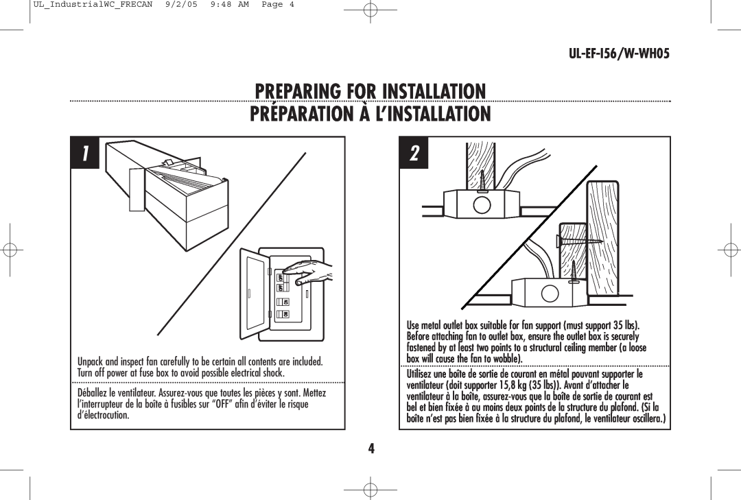 Westinghouse owner manual Preparing For Installation, Préparation À L’Installation, UL-EF-I56/W-WH05 