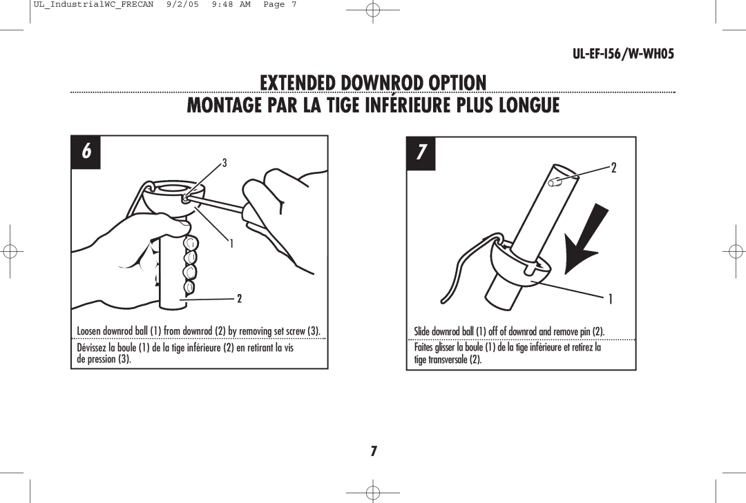 Westinghouse owner manual Extended Downrod Option, Montage Par La Tige Inférieure Plus Longue, UL-EF-I56/W-WH05 