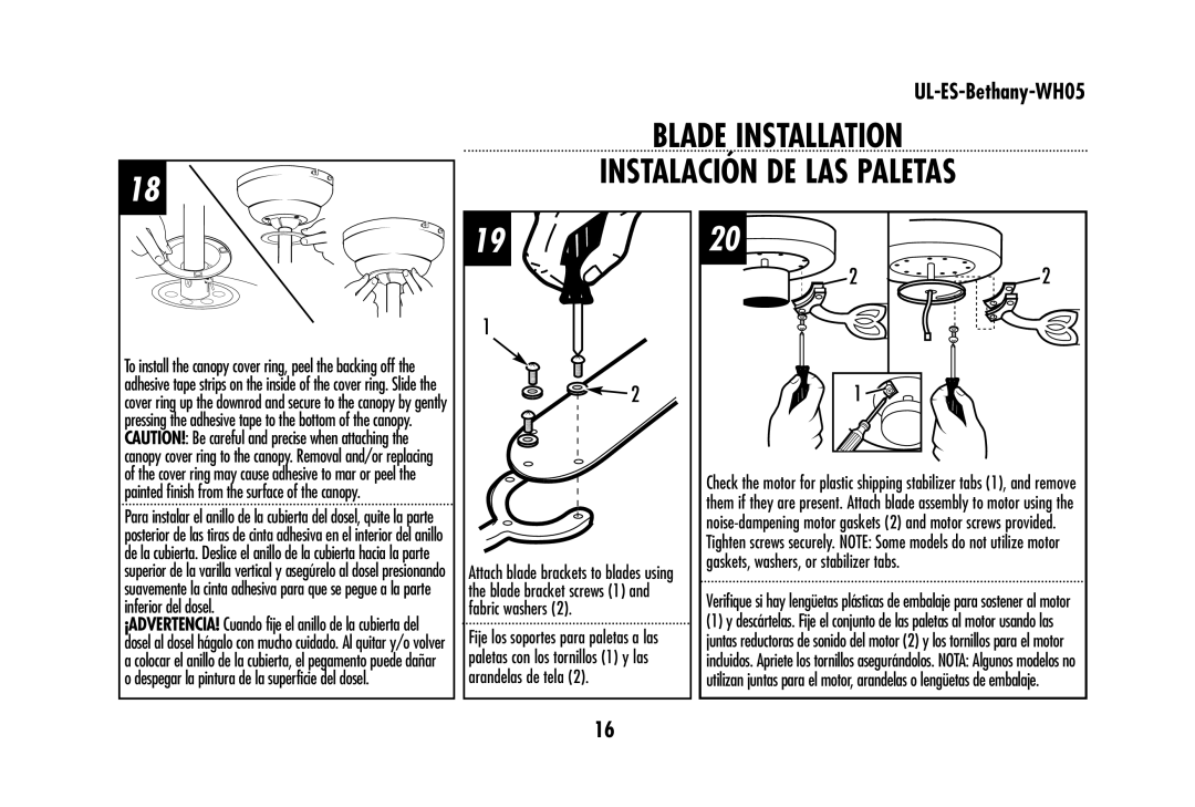 Westinghouse UL-ES-Bethany-WH05 owner manual Blade Installation Instalación DE LAS Paletas 