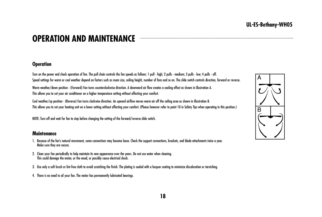 Westinghouse UL-ES-Bethany-WH05 owner manual Operation and Maintenance 