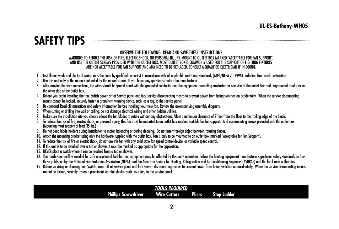 Westinghouse UL-ES-Bethany-WH05 owner manual Safety Tips, Observe the Following Read and Save These Instructions 