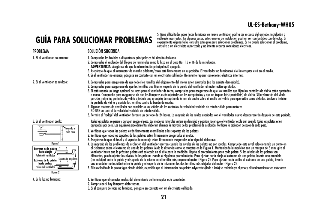 Westinghouse UL-ES-Bethany-WH05 owner manual Problema, Solución Sugerida 