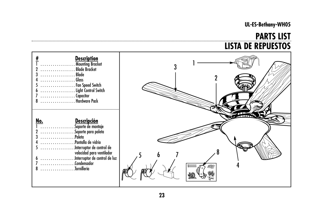 Westinghouse UL-ES-Bethany-WH05 owner manual Parts List Lista DE Repuestos, Description 